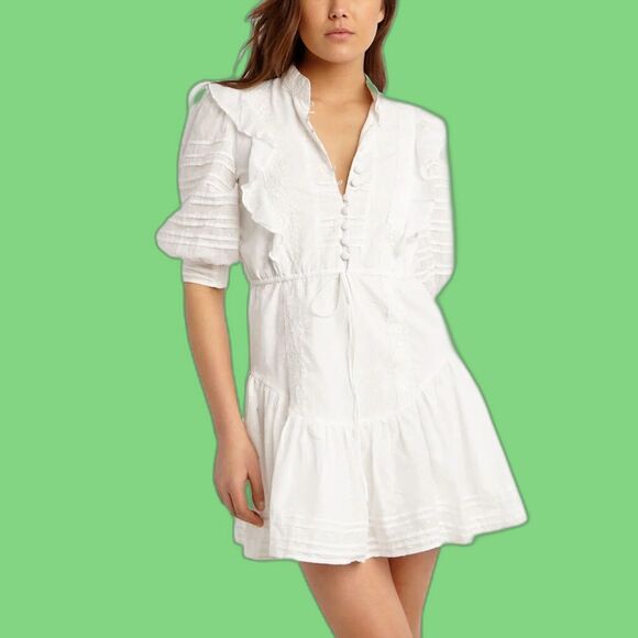 Bardot Ruffled Dress MED Babydoll Tiered Lace Pin Tucks Bridgerton Fairy - Picture 8 of 16